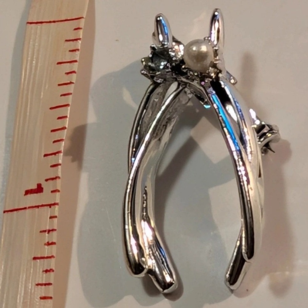 Silver Tone Wishbone Brooch Pin Faux Pearl Rhinestone Good Luck Charm Vintage